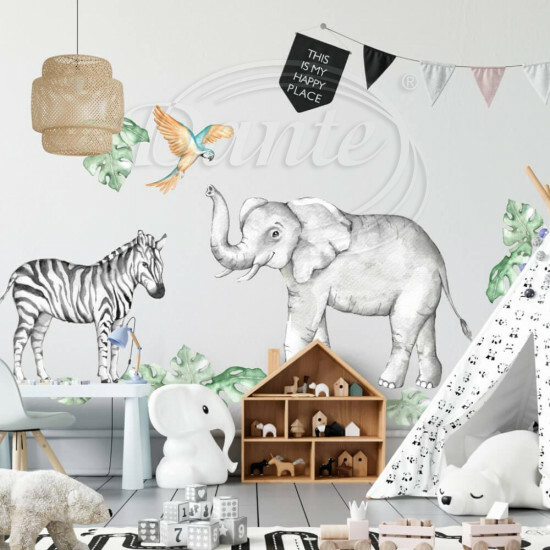 Detské samolepky na stenu - Slon a zebra zo safari - 9238f