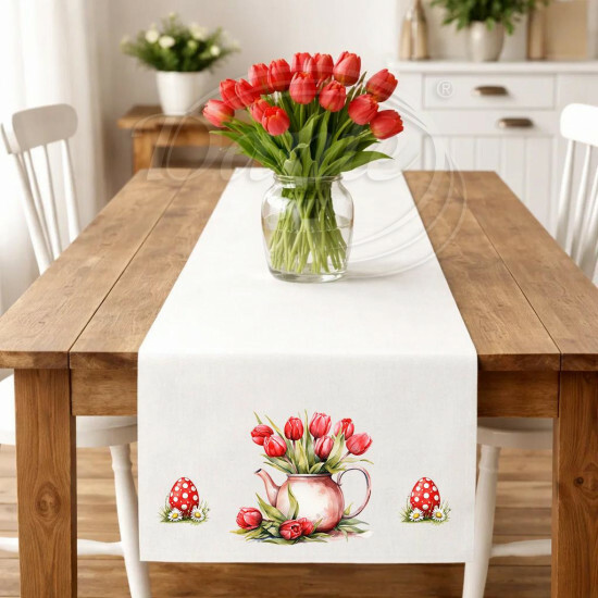 Obrus ​​červené tulipány v kanvičke a kraslice - UVEL/26/007