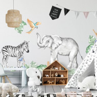 Detské samolepky na stenu - Slon a zebra zo safari